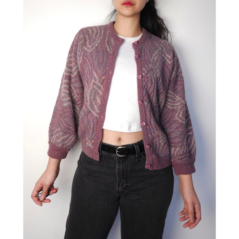 90s vintage sparkly abstract wool knit sweater cardigan purple, pink/ multicolor